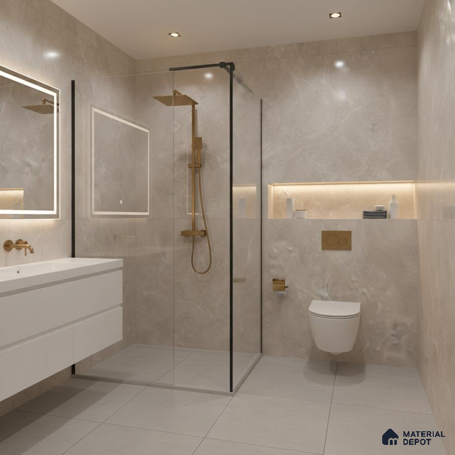 Modern bathroom with beige marble-look wall tiles and matte grey floor tiles | Material Depot
