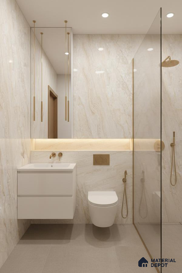 Modern bathroom with beige marble-look wall tiles and matte taupe floor tiles | Material Depot