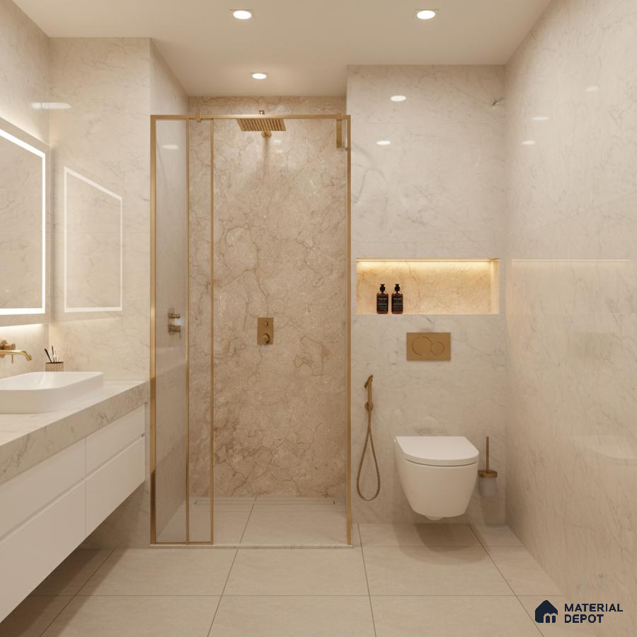 Modern bathroom with beige marble-look wall tiles and white floating vanity | Material Depot
