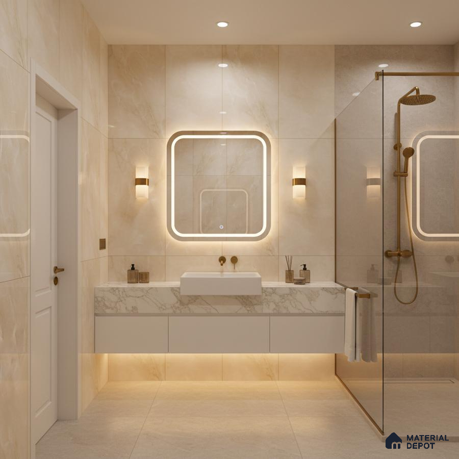 Modern bathroom with beige marble-look wall tiles and white marble vanity | Material Depot