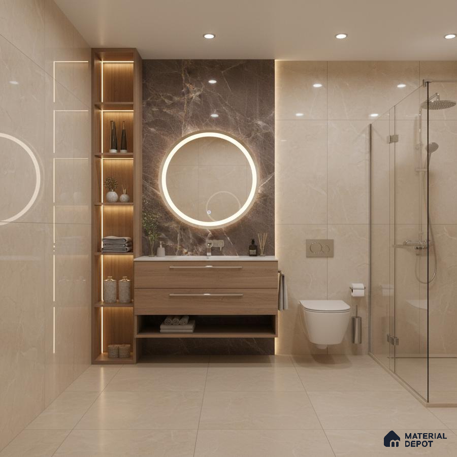 Modern bathroom with beige marble-look wall tiles, brown marble highlighter, and light oak vanity | Material Depot