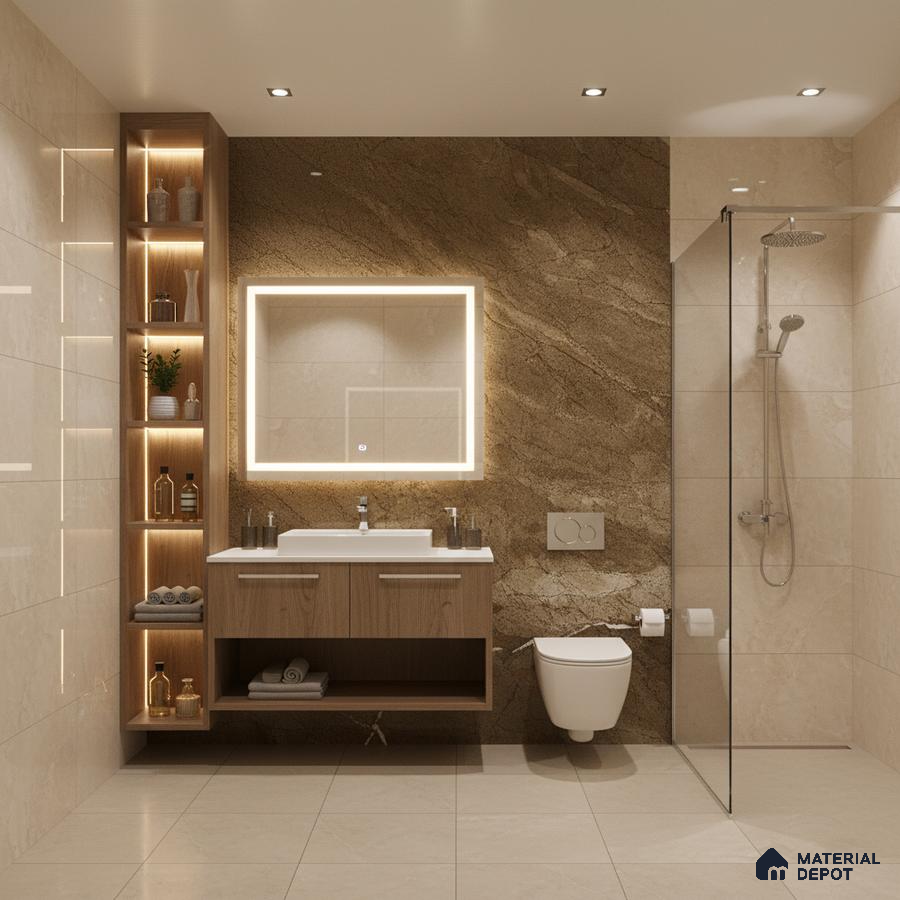 Modern bathroom with beige marble-look wall tiles, brown stone accent wall, and wood laminate floating vanity | Material Depot