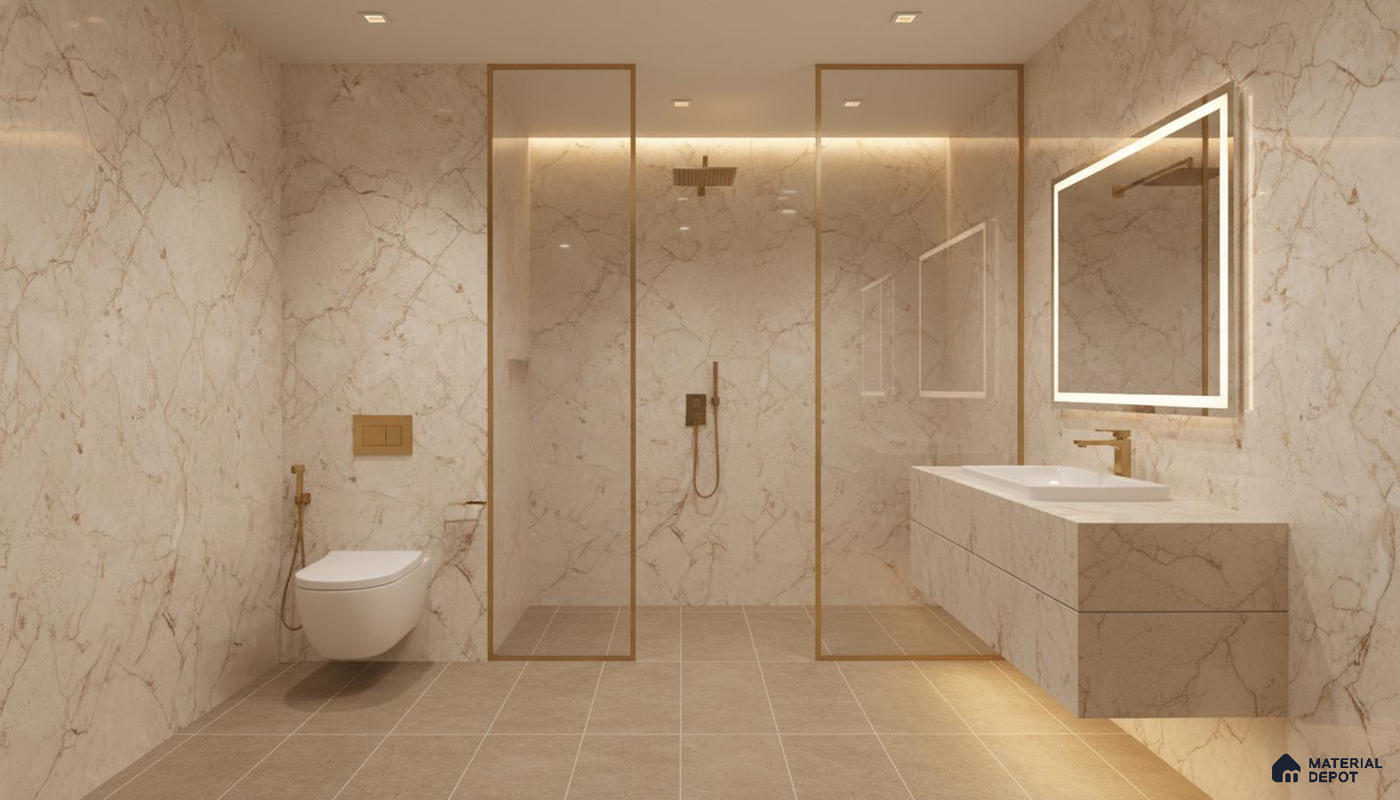 Modern bathroom with beige marble-look wall tiles, floating marble vanity, and taupe floor tiles | Material Depot