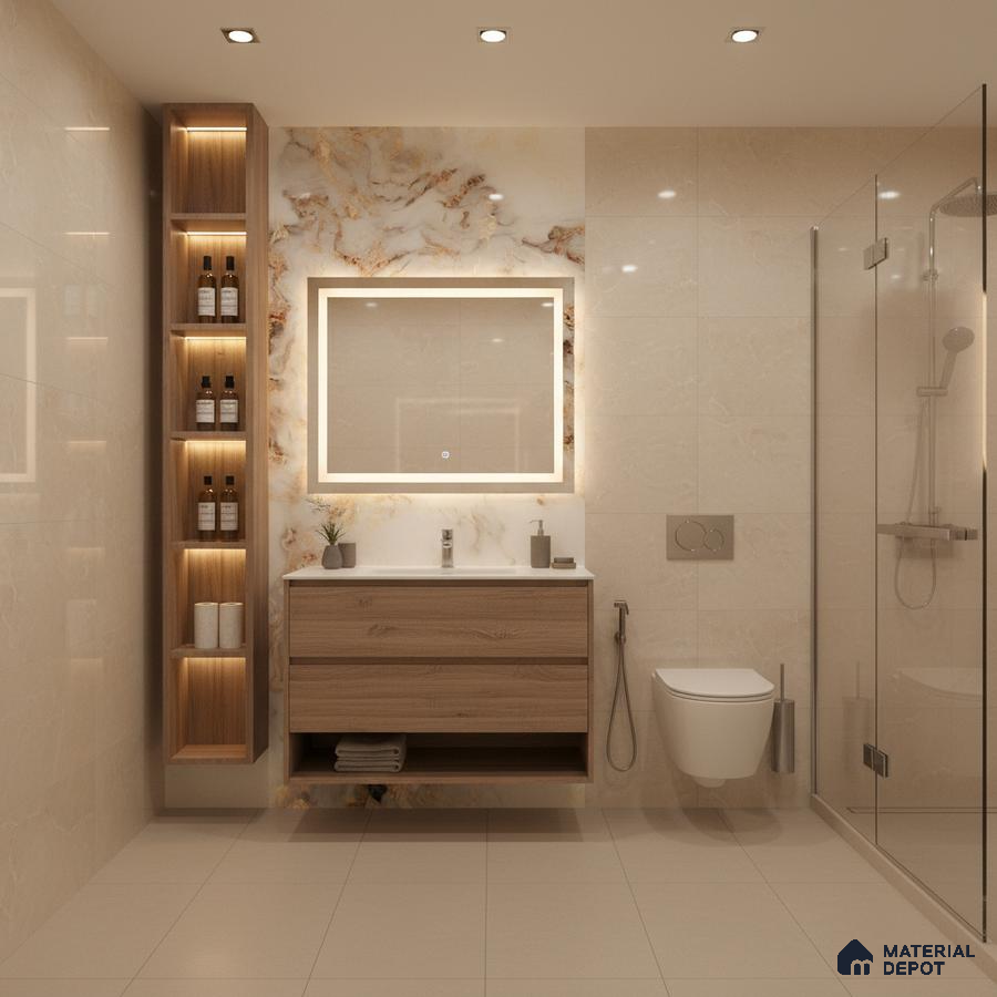 Modern bathroom with beige marble-look wall tiles, floating oak wood vanity, and backlit marble accent wall | Material Depot