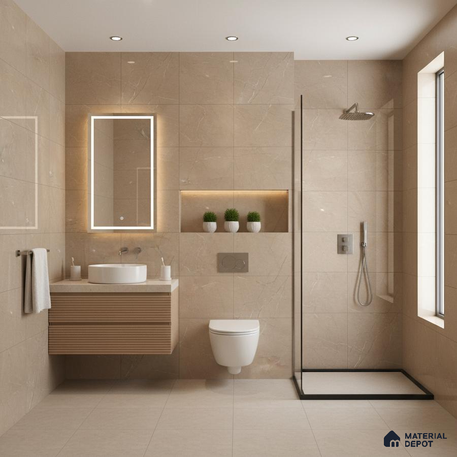 Modern bathroom with beige marble-look wall tiles, floating wood vanity, and matte beige floor tiles | Material Depot