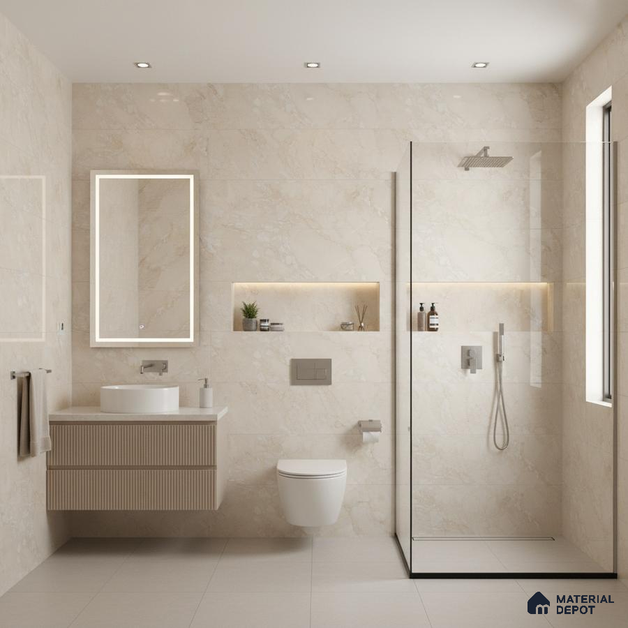 Modern bathroom with beige marble-look wall tiles, fluted vanity, and glass shower partition | Material Depot