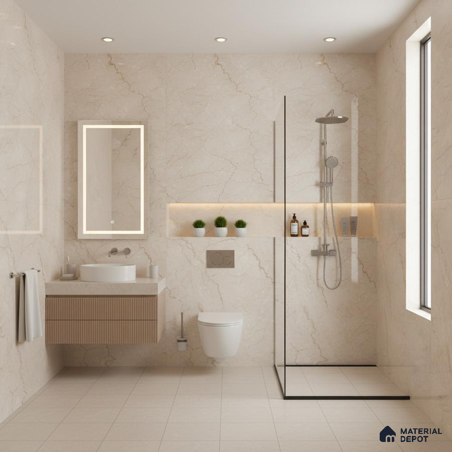 Modern bathroom with beige marble-look wall tiles, fluted vanity, and minimalist fixtures | Material Depot