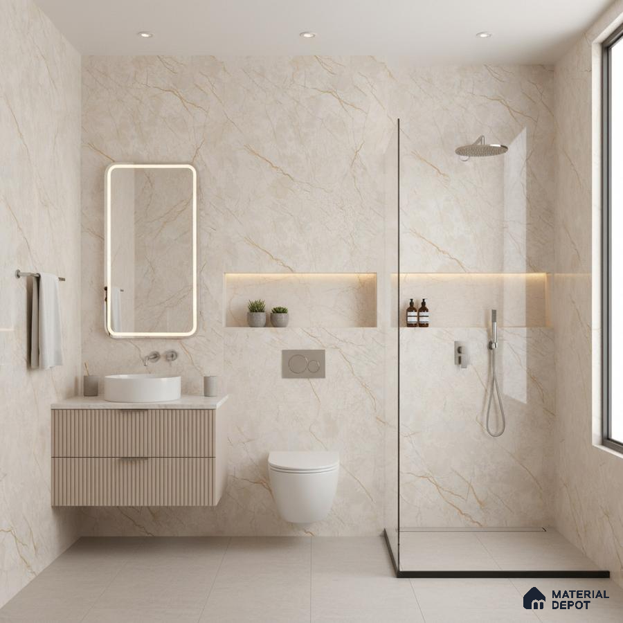 Modern bathroom with beige marble-look wall tiles, fluted vanity, and minimalist shower partition | Material Depot