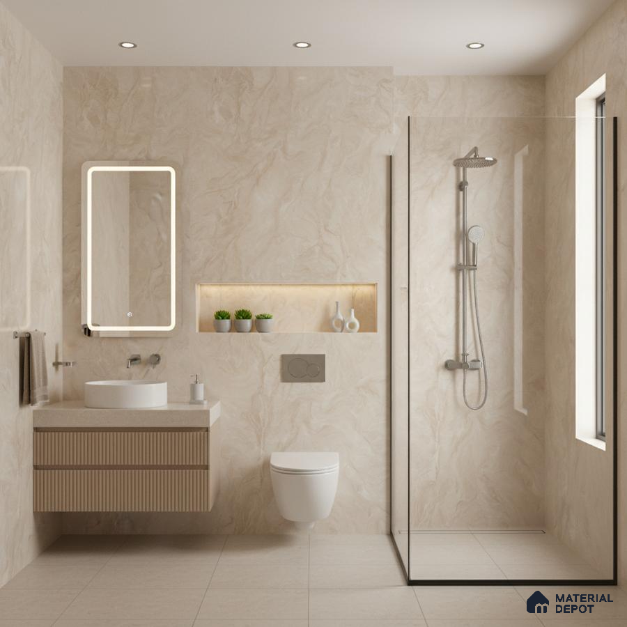 Modern bathroom with beige marble-look wall tiles, fluted wood vanity, and glass shower partition | Material Depot