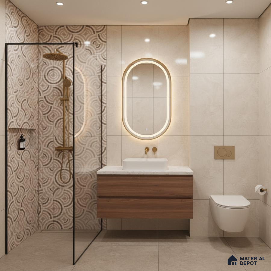 Modern bathroom with beige marble-look wall tiles, geometric patterned highlighter shower tiles, and wood vanity | Material Depot