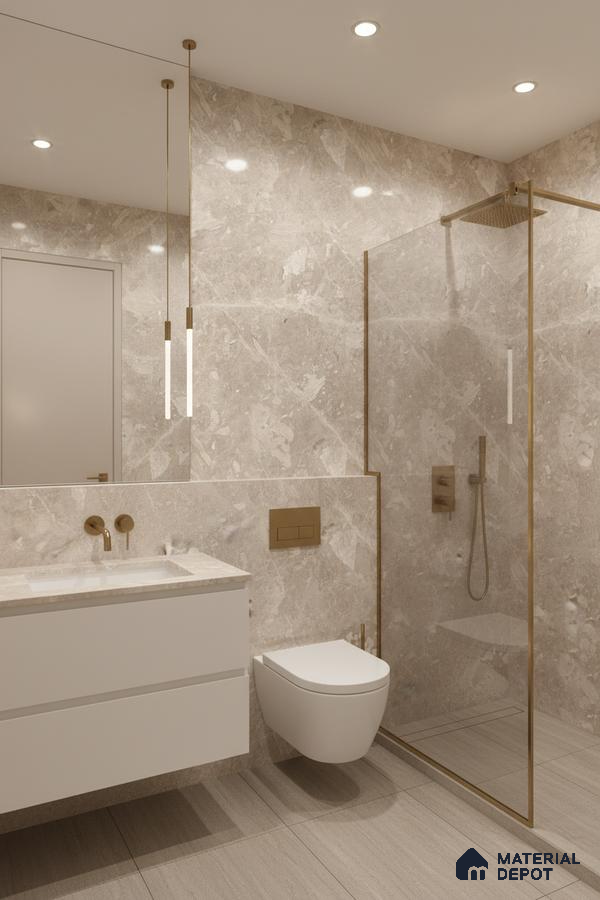 Modern bathroom with beige marble-look wall tiles, matte beige floor tiles, and gold accents | Material Depot