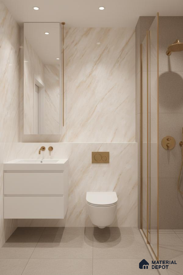 Modern bathroom with beige marble-look wall tiles, matte beige floor tiles, and white floating vanity | Material Depot
