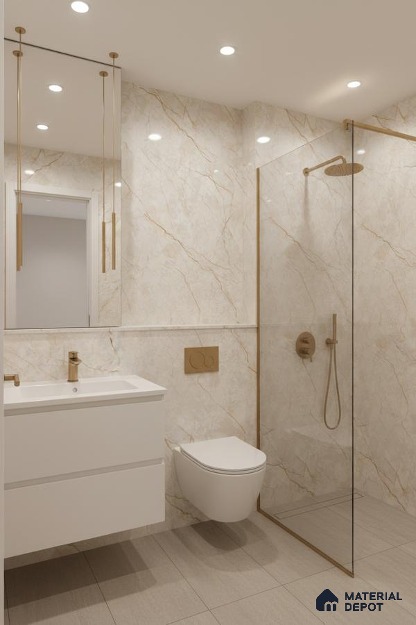 Modern bathroom with beige marble-look wall tiles, matte beige floor tiles, and white floating vanity | Material Depot