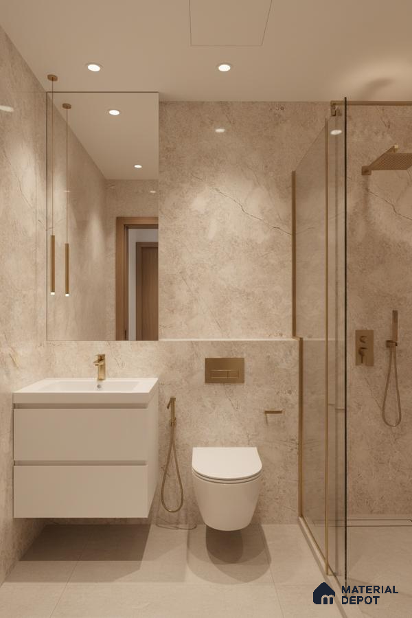 Modern bathroom with beige marble-look wall tiles, matte beige floor tiles, and white floating vanity | Material Depot