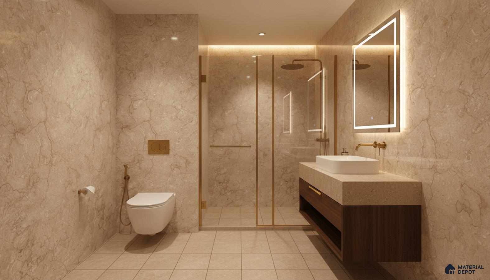 Modern bathroom with beige marble-look wall tiles, stone countertop, and walnut brown floating vanity | Material Depot