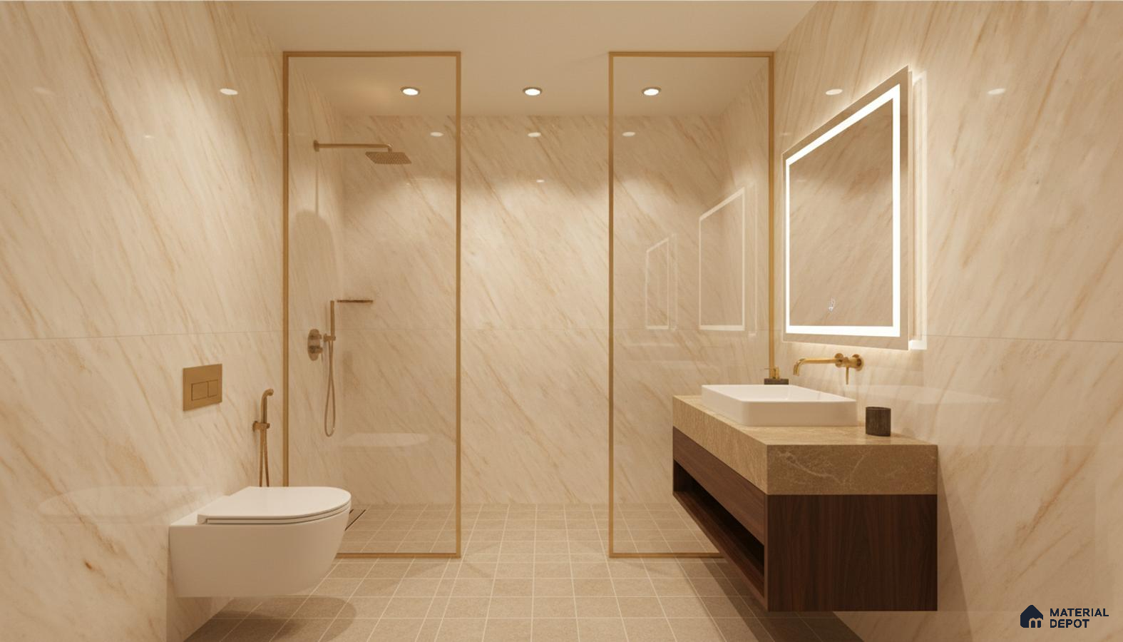 Modern bathroom with beige marble-look wall tiles, stone countertop, and wooden vanity | Material Depot