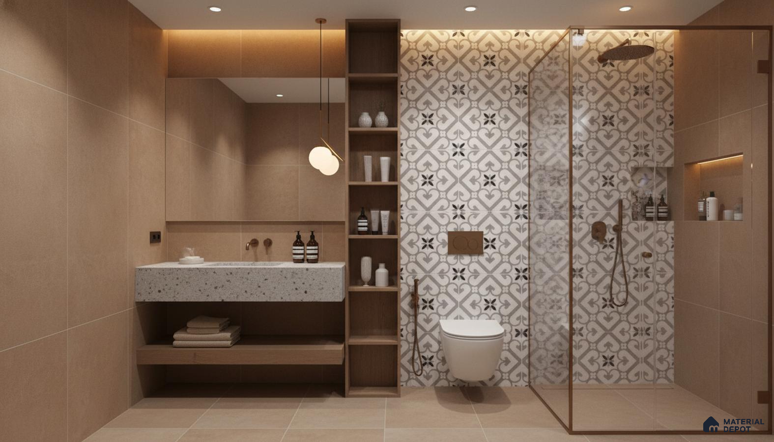 Modern bathroom design with beige matte wall tiles, terrazzo countertop, and patterned geometric shower wall tiles in Bengaluru | Material Depot