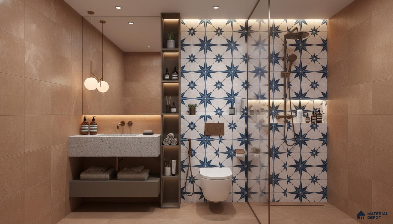 Modern bathroom design with beige matte wall tiles, terrazzo vanity, and blue geometric patterned shower wall tiles in Bengaluru | Material Depot