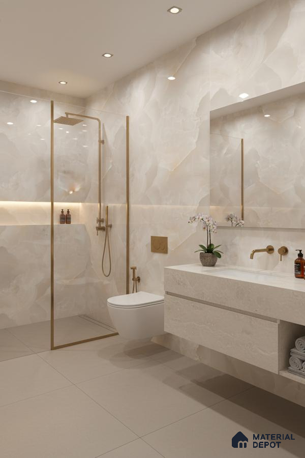 Modern bathroom with beige onyx marble-look wall tiles and matte beige floor tiles | Material Depot