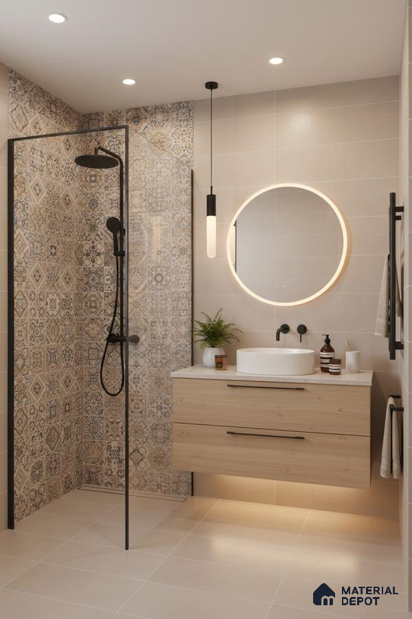 Modern bathroom with beige patterned highlighter wall tiles and light wood vanity in Bengaluru | Material Depot