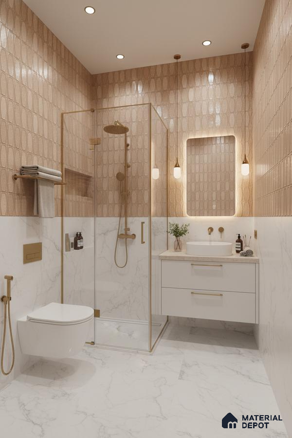 Modern bathroom with beige patterned wall tiles and white marble-look floor and wall tiles | Material Depot