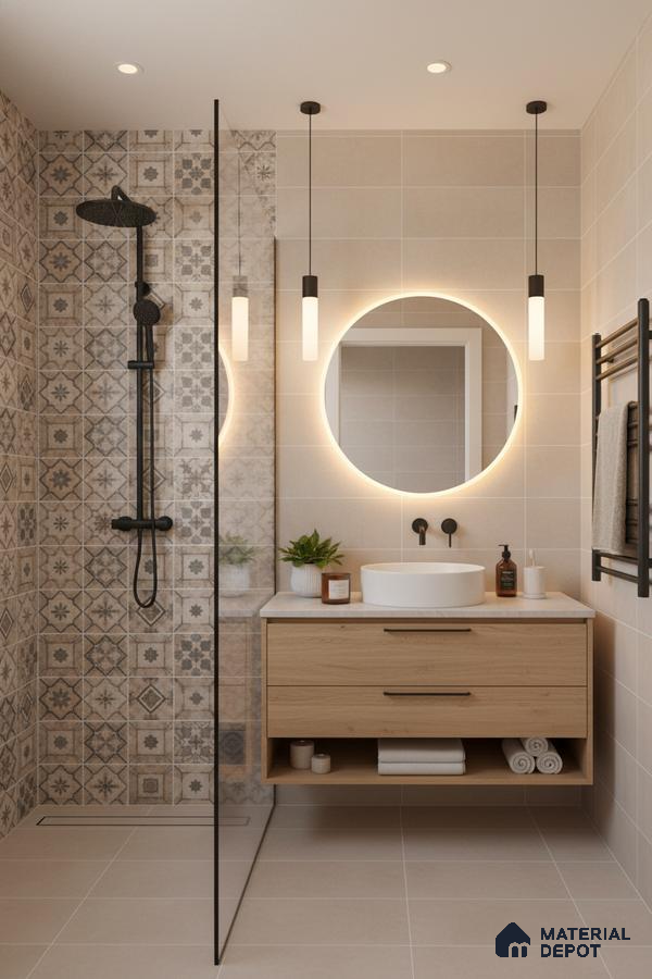 Modern bathroom with beige patterned wall tiles, light wood floating vanity, and matte beige floor tiles in Bengaluru | Material Depot