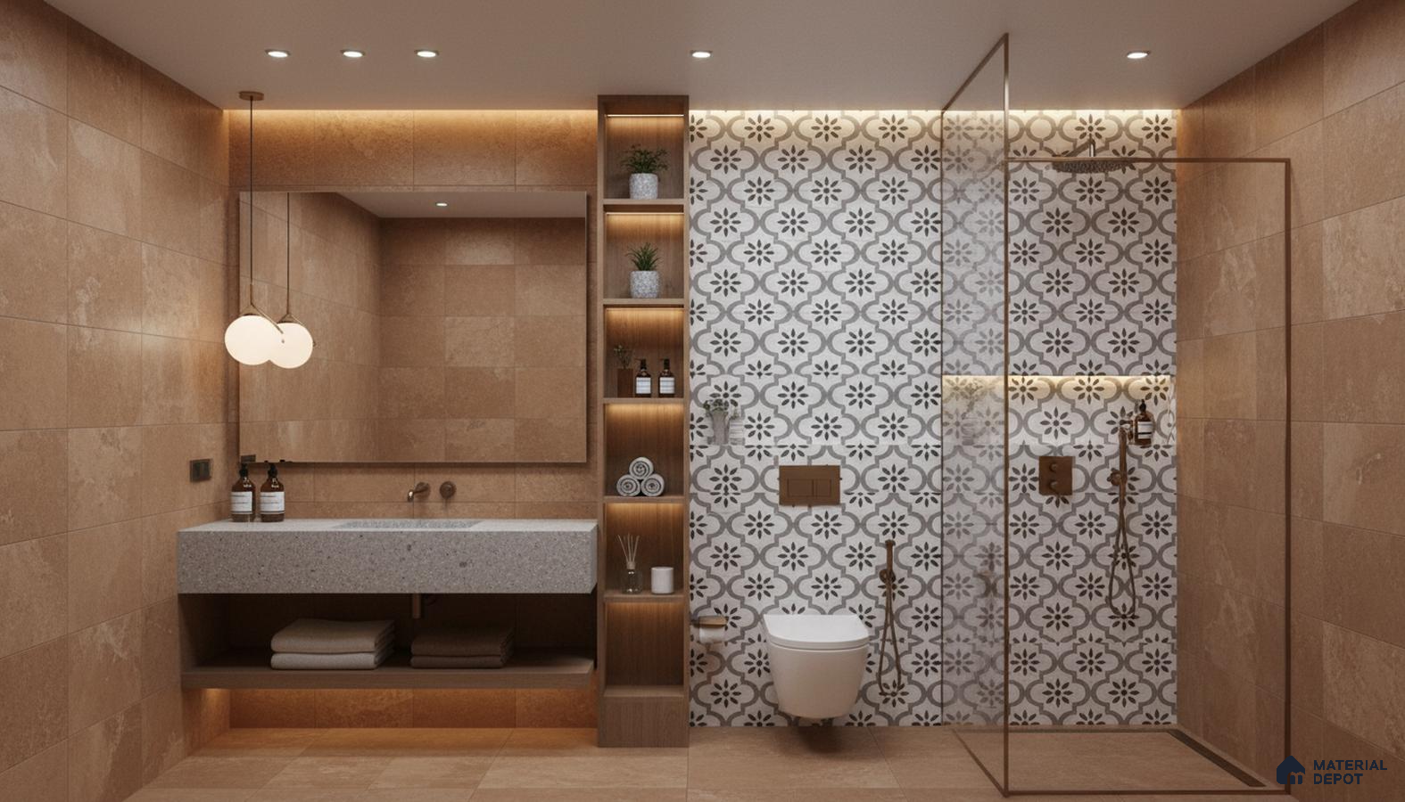 Modern bathroom design with beige stone tiles, floral patterned accent wall tile, and terrazzo countertop in Bengaluru | Material Depot
