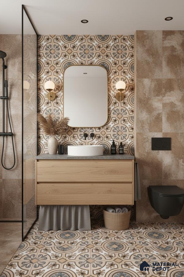 Modern bathroom with beige stone tiles, patterned moroccan floor and wall tiles, and light oak vanity in Bengaluru | Material Depot