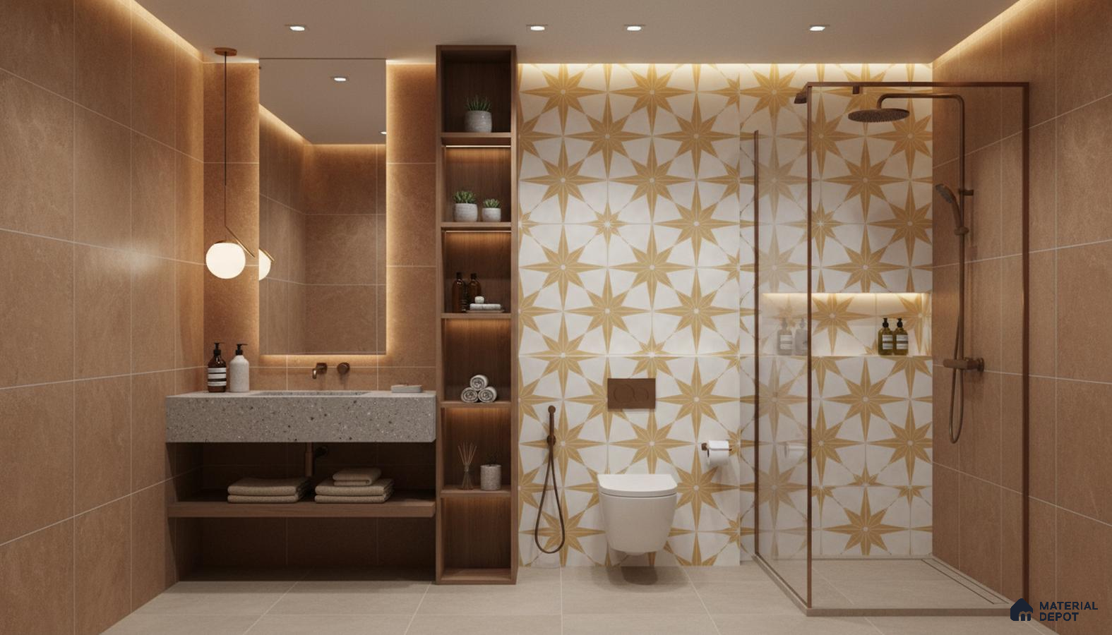 Modern bathroom design with beige stone wall tiles, terrazzo vanity, and yellow geometric patterned highlighter wall tiles in Bengaluru | Material Depot