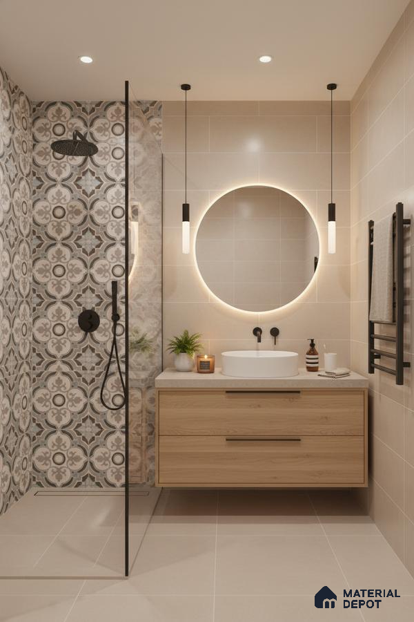 Modern bathroom with beige tiles, patterned moroccan shower wall tile, and light oak floating vanity in Bengaluru | Material Depot