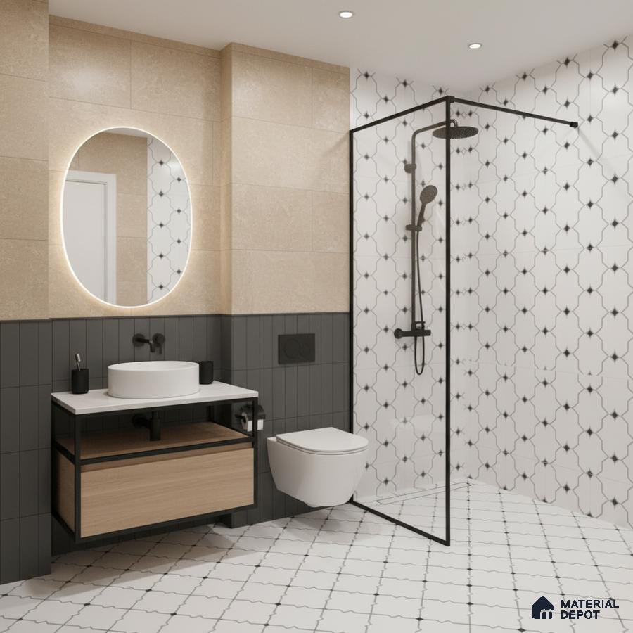Modern bathroom with beige wall tiles, black vertical subway tiles, and geometric patterned white floor and wall tiles in Bengaluru | Material Depot