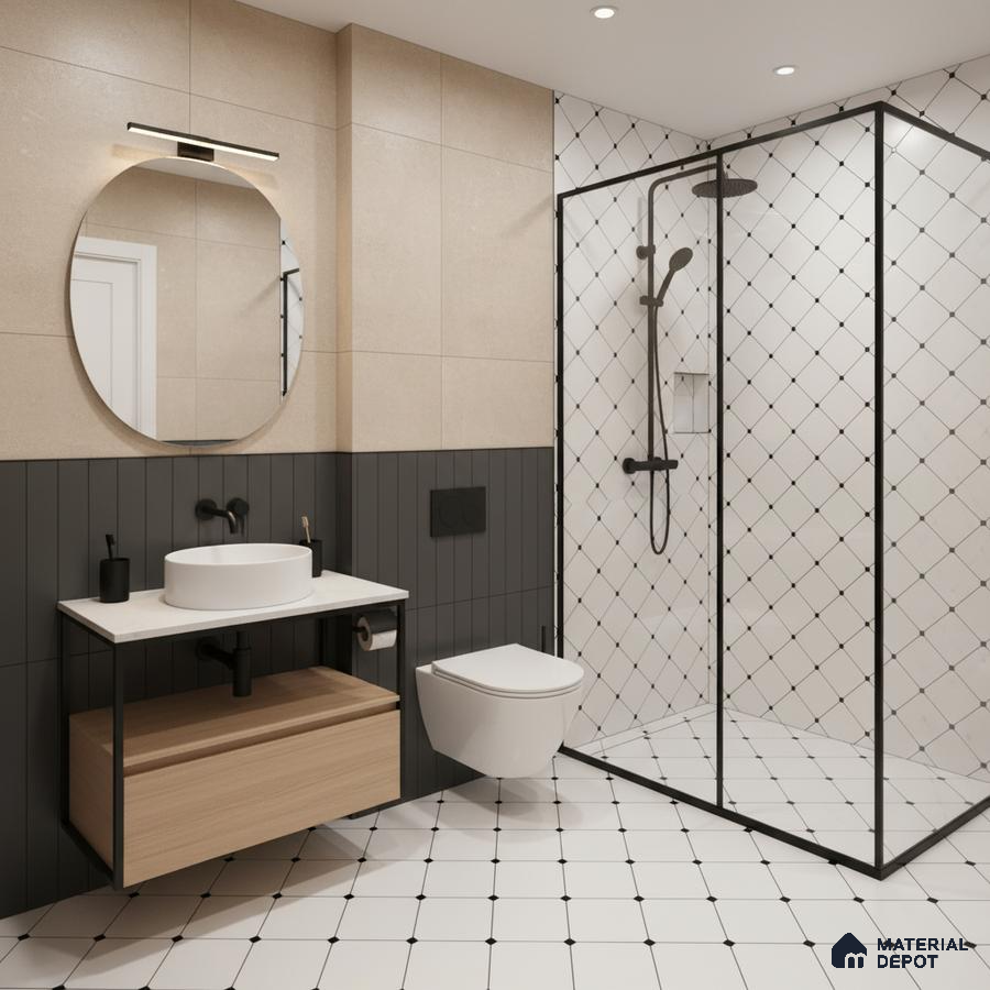 Modern bathroom with beige wall tiles, black vertical wall tiles, and white geometric floor tiles in Bengaluru | Material Depot