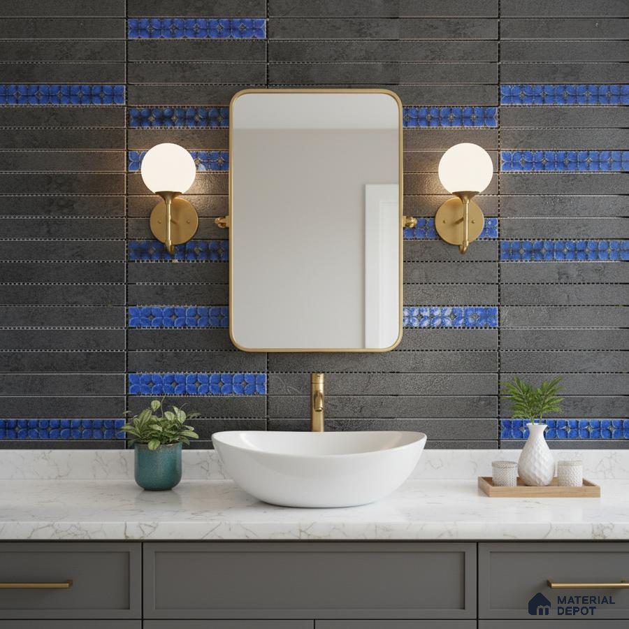 Modern bathroom with black and blue patterned wall tiles and white marble countertop
