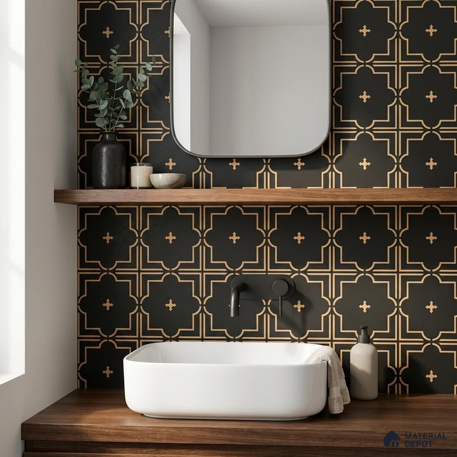 Modern bathroom with black and gold geometric wall tiles and walnut wood countertop