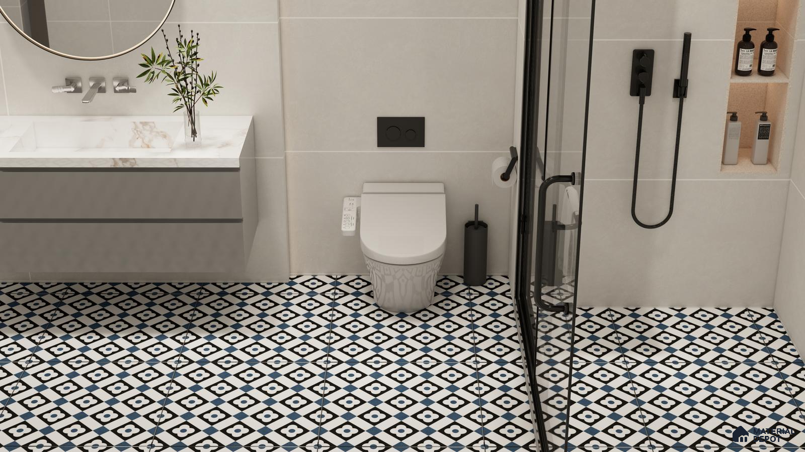 Modern Bathroom with Black and White Diamond Pattern Tiles | Material Depot