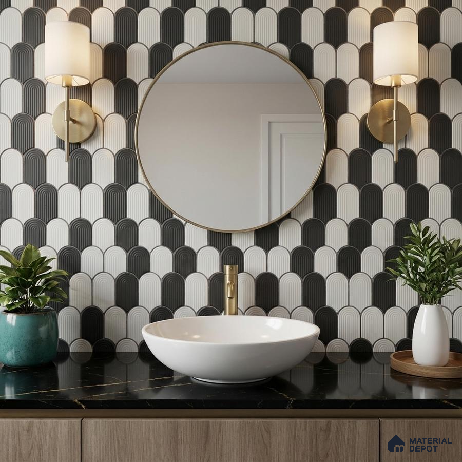 Modern bathroom with black and white geometric wall tiles and black marble countertop