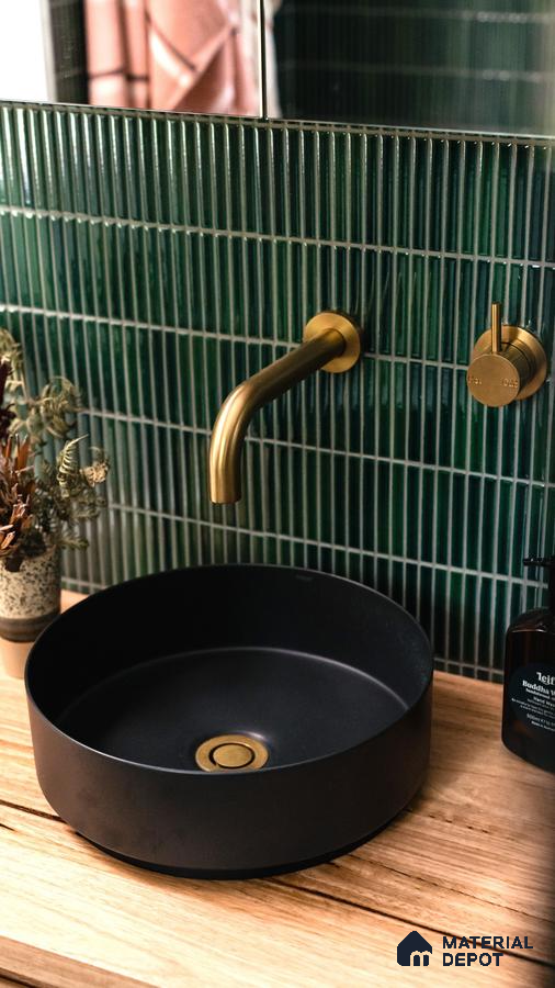 Modern Bathroom with Black Basin and Green Tiles | Material Depot