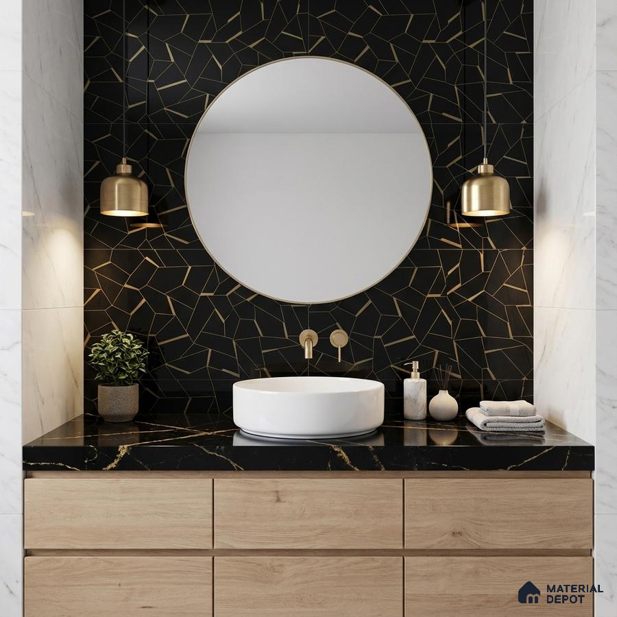 Modern bathroom with black geometric wall tile, black marble countertop, and light oak vanity