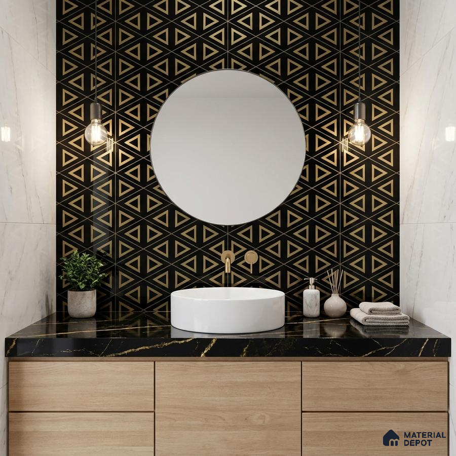 Modern bathroom with black geometric wall tiles, black marble countertop, and light oak laminate vanity