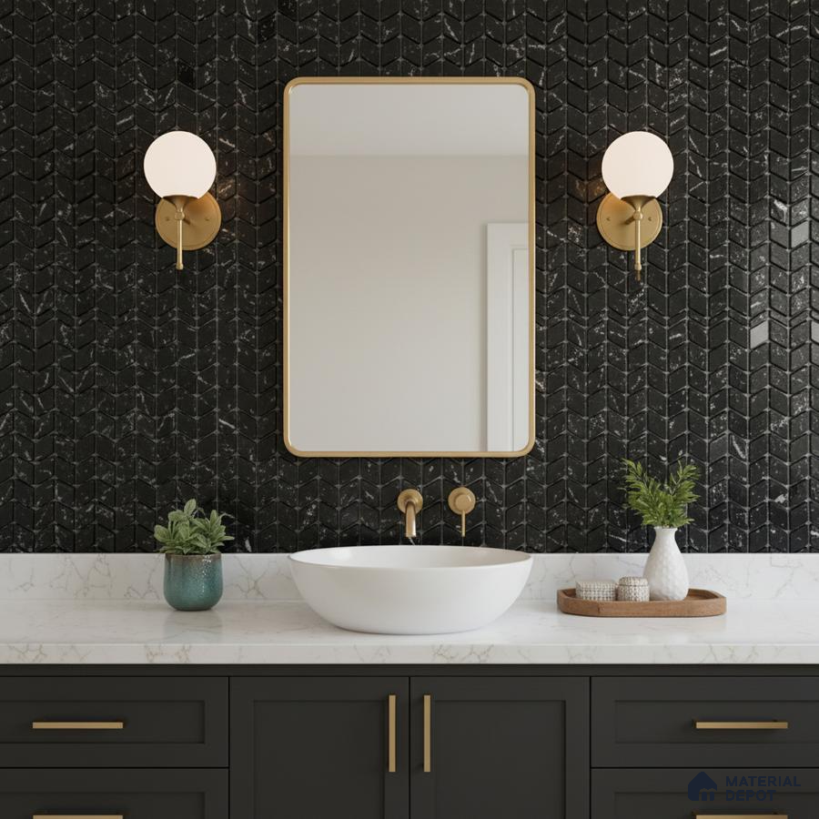Modern bathroom with black marble chevron wall tiles and white marble countertop