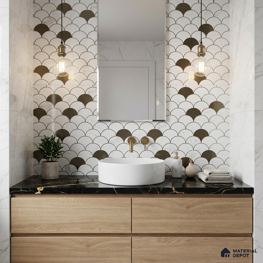 Modern bathroom with black marble countertop, wood laminate vanity, and gold-accented fishscale wall tiles