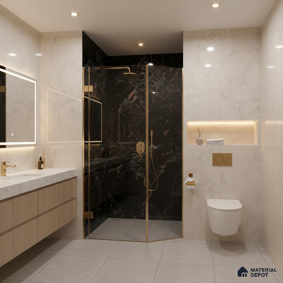 Modern bathroom with black marble shower wall, beige marble wall tiles, and floating wood vanity | Material Depot