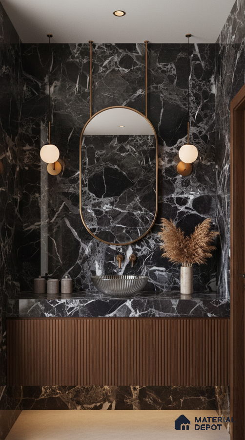 Modern bathroom with black marble wall tiles and fluted walnut vanity | Material Depot