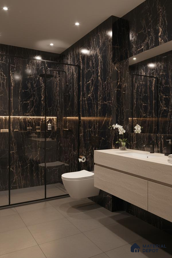 Modern bathroom with black marble wall tiles, beige floating vanity, and matte grey floor tiles | Material Depot