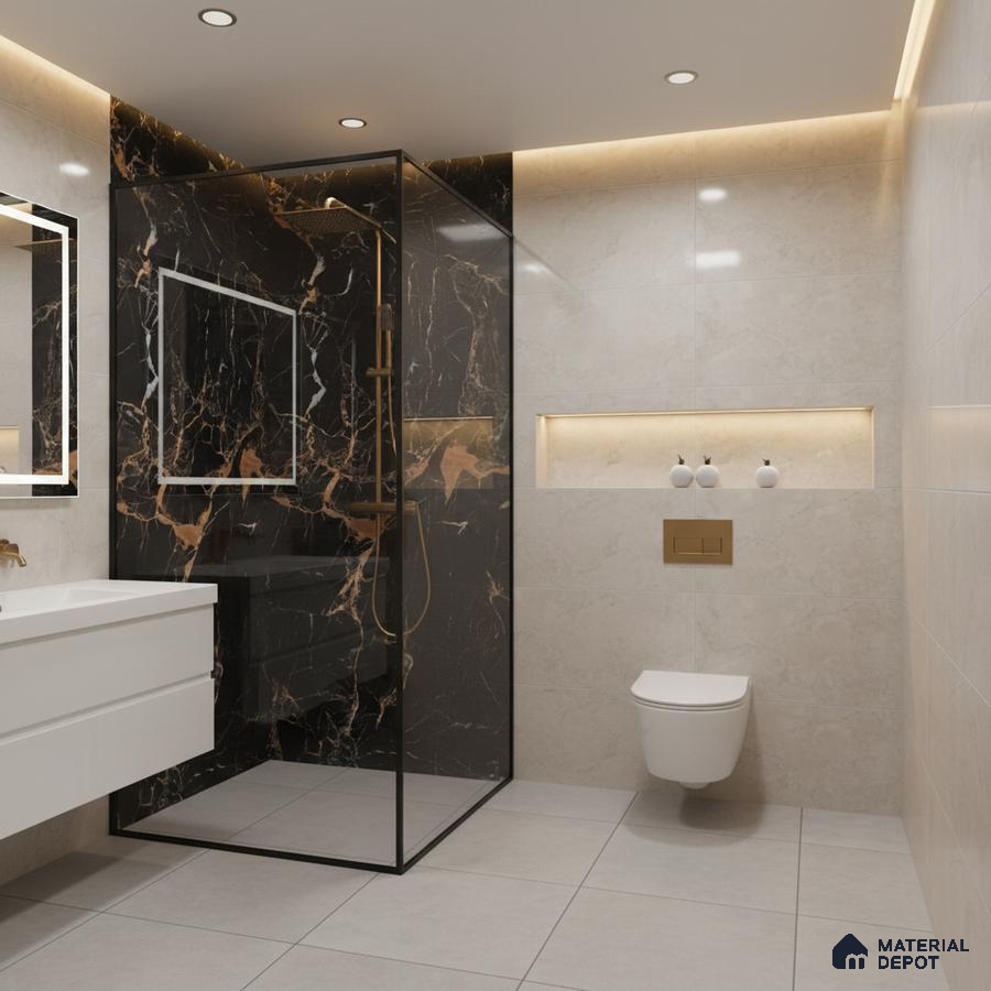 Modern bathroom with black marble wall tiles, beige marble wall tiles, and floating white vanity | Material Depot