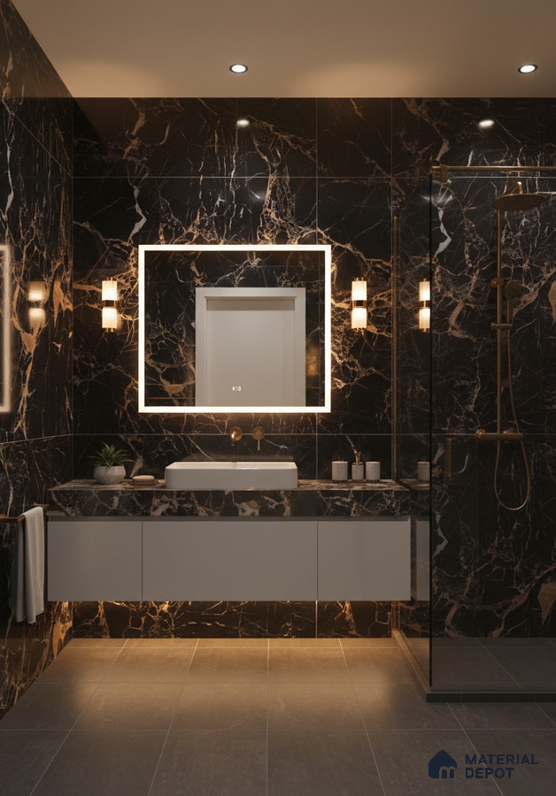 Modern bathroom with black marble wall tiles, floating white vanity, and grey floor tiles | Material Depot