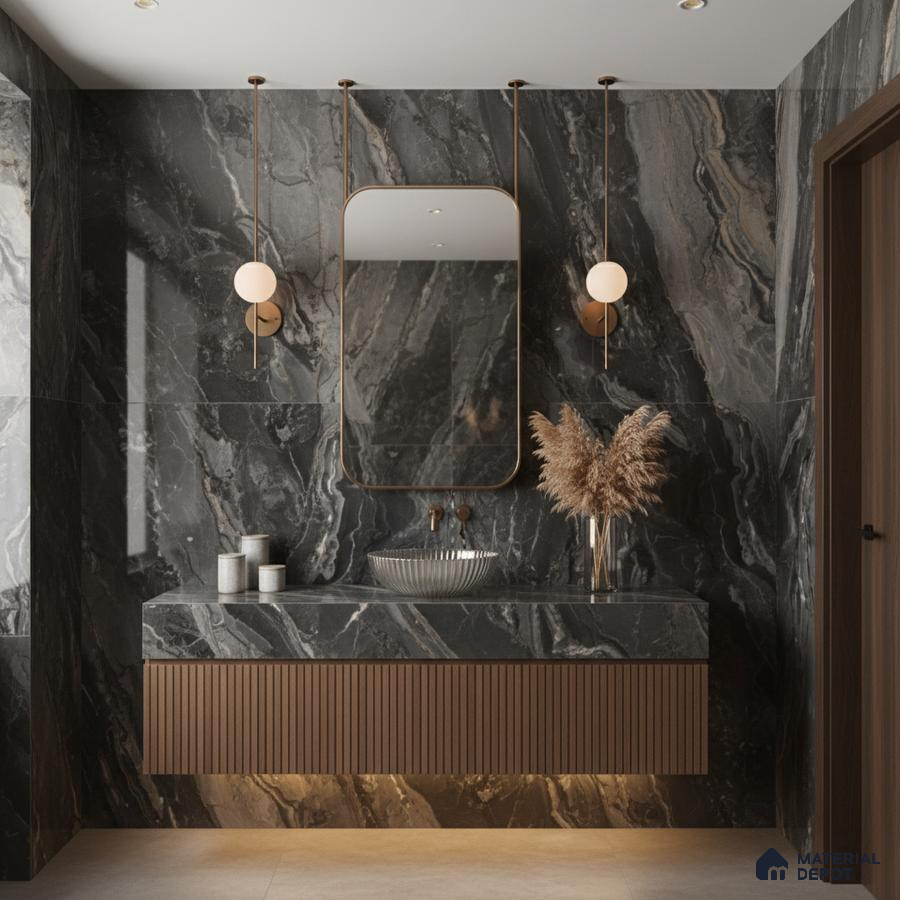 Modern bathroom with black marble wall tiles, fluted walnut vanity, and gold accents | Material Depot