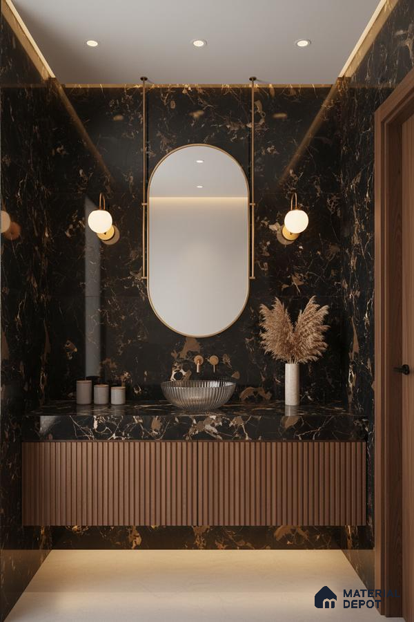 Modern bathroom with black marble wall tiles, fluted walnut vanity, and gold accents | Material Depot