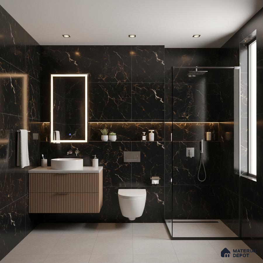 Modern bathroom with black marble wall tiles, fluted wood vanity, and light grey floor tiles | Material Depot