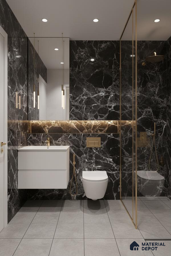 Modern bathroom with black marble wall tiles, gold accents, and grey floor tiles | Material Depot